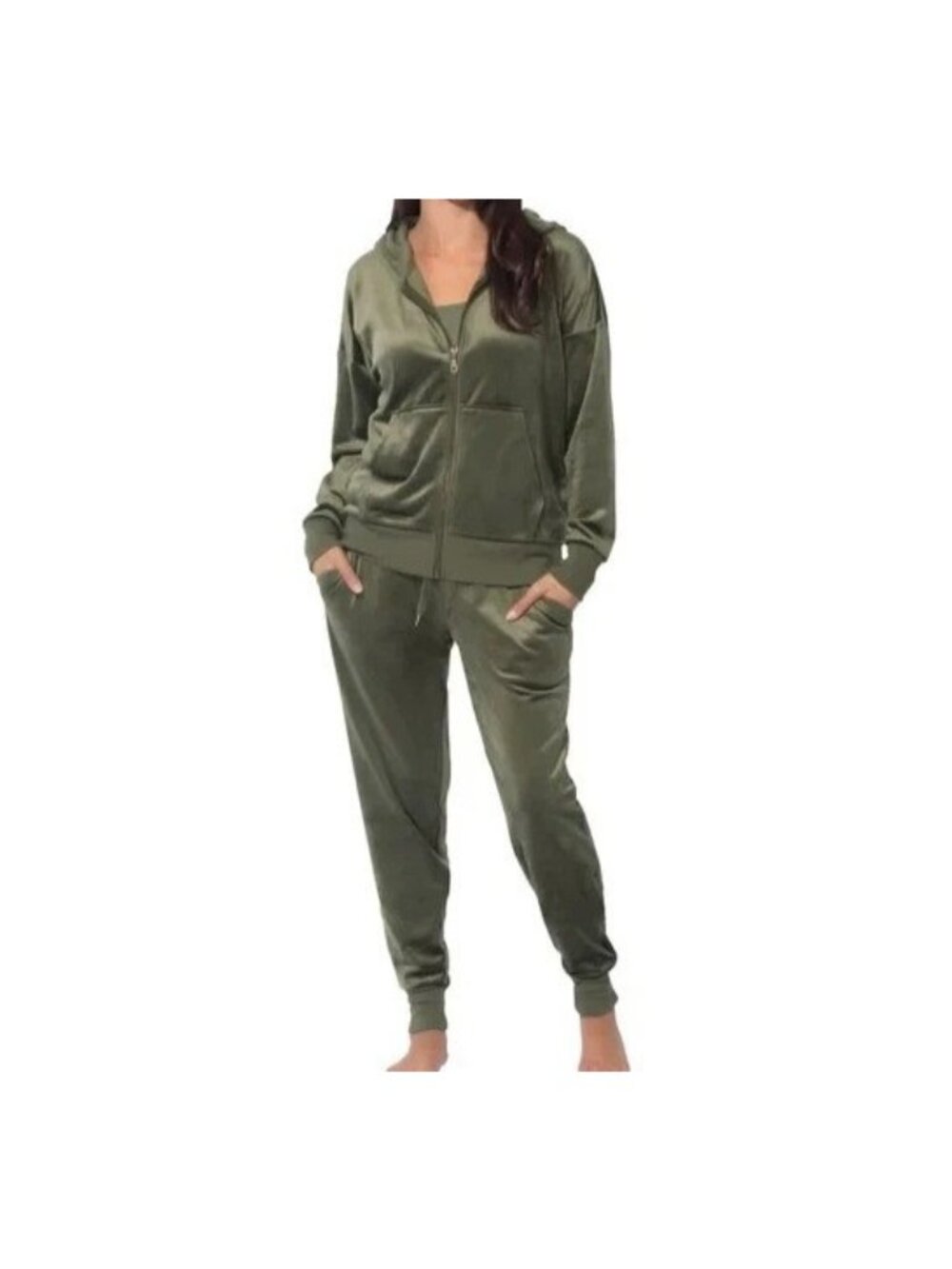 NWOT Felina Velour Tracksuit Women's M Olive Green Jacket & Joggers Set